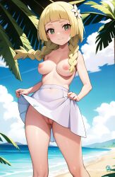 ai_generated beach blonde_hair breasts exhibitionism lillie_(pokemon) pokemon pokemon_trainer shinypiplup