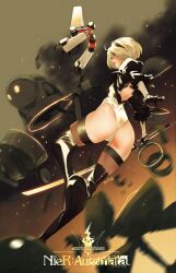 1girls action_pose big_ass black_blindfold black_hairband black_high_heel_boots black_legwear blindfold female hairband heavymetalhanzo high_heel_boots legwear machine_lifeform nier:_automata pod_(nier) short_hair solo white_hair yorha_2b