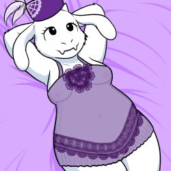 1:1 1girls anthro black_eyes breasts clothing dress eyelashes female fur furry genitals goat hands_behind_head hat headgear headwear mature_female milf navel nipples nishi_oxnard purple_clothing purple_dress purple_hat purple_headwear purple_sheets pussy smile solo toriel translucent translucent_clothing undertale undertale_(series) white_body white_fur