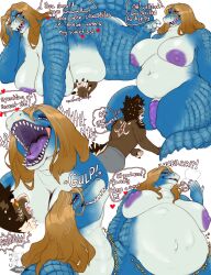 absurd_res alligator alligatorid anthro big_breasts blue_body blue_scales breasts brown_hair burping canid canine chubby_gynomorph clothed clothing comic crocodilian dialogue duo genitals gynomorph gynomorph/male hair hi_res hybrid hyu_(hyucaze) hyucaze intersex intersex/male knot male mammal mouth_shot nipples nude open_mouth oral_vore overweight penis pinned_by_belly purple_nipples purple_penis purple_tongue reptile scales scalie slightly_chubby smothering sound_effects stomach_bulge swallowing teeth tongue topless topless_male vore