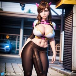 1futa abs ai_generated bulge bulge_through_clothing cleavage d.va futa_only futanari huge_breasts huge_bulge huge_cock leggings looking_at_viewer overwatch penis spacetaker testicles