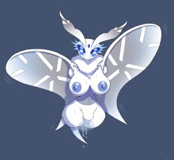 absurd_res antenna_hair antennae_(anatomy) anthro arthropod big_breasts blue_blush blue_eyes blue_nipples blue_pussy blush bodily_fluids breasts clothing corset curvy_figure female fluffy forehead_gem frosmoth fur generation_8_pokemon genital_fluids genitals grey_background hair hi_res hourglass_figure in_heat insects lepidopteran lingerie looking_at_viewer moth musk_clouds neck_tuft nikkosha nintendo nipples pokemon pokemon_(species) pussy pussy_juice simple_background small_waist solo sweat topwear tuft white_body white_fur wings