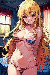 1girls ai_generated american_flag_bikini arms_behind_back ass_visible_through_thighs bikini blonde_hair breasts closed_mouth clownpiece collarbone cowboy_shot curtains female female_only flag_print indoors long_hair looking_at_viewer medium_breasts navel no_headwear pikkiwynn red_eyes smile solo stomach striped swimsuit touhou very_long_hair window