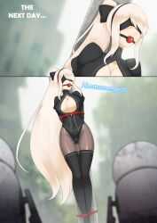 1boy ball_gag beige_hair blindfold bondage breasts bulge clothing comic dialogue english_text fake_breasts femboy feminization forced_feminization gag jesscatg light-skinned_male light_skin long_hair male nier nier:_automata penis_under_clothes restrained text trap white_hair