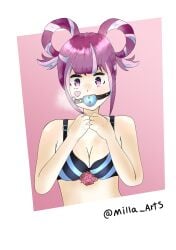 1girls ball_gag bangs bondage bra breasts cleavage facial_tattoo female female_only femsub fire_emblem fire_emblem_engage gag heart hortensia_(fire_emblem) looking_at_viewer medium_breasts milla_arts multicolored_hair nintendo pink_eyes pink_hair short_hair solo tattoo underwear