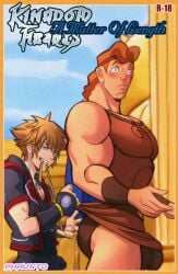 2boys blue_eyes blush brown_hair crossover embarrassed gay ginger hercules_(character) hercules_(disney) human human_only kingdom_hearts lifting_skirt male_only phausto size_difference skirt smirk sora yaoi