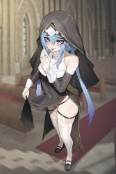 1boy arknights blue_hair chastity chastity_cage chastity_device crossdressing femboy gins indoors male male_chastity male_nun male_with_painted_nails mizuki_(arknights) nub_chastity_cage nun small_chastity_cage small_penis thighhighs