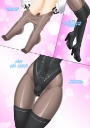 1boy beige_hair bulge comic english_text femboy feminization forced_feminization jesscatg light-skinned_male light_skin male nier nier:_automata pantyhose penis_under_clothes text trap uncensored white_hair