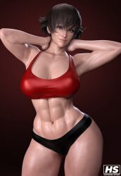 1girls 3d brown_hair capcom female female_only fiorayne hagiwara_studio monster_hunter monster_hunter_rise muscular_female purple_eyes short_hair solo sports_bra tagme