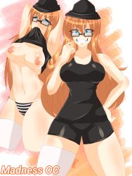 black_clothing blue_eyes glasses grinning hand_on_hip insanity_(artist) looking_at_viewer madnessisnotcool orange_hair panties pointing_at_mouth shirt_in_mouth shorts showing_breasts white_socks