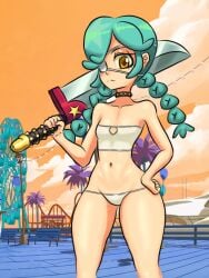 1girls 4m4y0r1 annie_(skullgirls) bench boardwalk braid breasts collar dildo eyepatch ferris_wheel green_hair hand_on_own_hip holding holding_sword holding_weapon lamppost navel palm_tree panties pier sex_toy skullgirls small_breasts solo spiked_collar spikes strapless sword tree tube_top twin_braids underwear weapon yellow_eyes