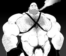 armpit_hair bdsm_outfit body_hair bushy_pubes flaccid heavy_weapons_guy human male male_only monochrome muscles muscular muscular_male remert solo solo_male tagme team_fortress_2