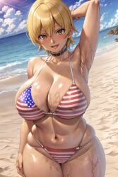 ai_generated american_flag_bikini huge_breasts mito_ikumi shokugeki_no_souma smiling the_hotshot thick_thighs