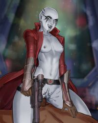 2d alien alien_girl alien_humanoid background bald blurry blurry_background bottomless bottomless_female breasts clothed_sex clothing coat collarbone completely_nude cowgirl_position dark-skinned_male dark_skin domination duo earrings facial_tattoo female female_on_top femdom functionally_nude gloves grey_body gun hand_on_stomach happy holding_cun holding_object holding_weapon human humanoid interspecies kaliyo_djannis licking_lips looking_pleasured male malesub nesoun nipples nude nude_male nudity open_clothes pale-skinned_female partially_clothed piercing pubic_tattoo rattataki red_clothing sex small_breasts smile smirk star_wars star_wars:_the_old_republic straddling straight submissive tattoo teeth vaginal_penetration vambraces weapon