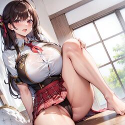 ai_generated brown_hair female_only huge_breasts large_breasts panties shirt skirt stable_diffusion straining_buttons stretched_clothing thick_thighs upskirt