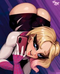 asymmetrical_hair big_ass big_butt blonde_hair fat_ass gwen_stacy huge_ass huge_thighs juggertuul latex marvel marvel_comics muscles shaved_side solo solo_female spider-gwen spider-man:_across_the_spider-verse spider-man:_into_the_spider-verse spider-man_(series) thick_body thick_butt thick_legs thick_thighs tongue tongue_out