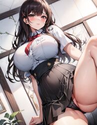 ai_generated brown_hair female_only huge_breasts large_breasts panties shirt skirt stable_diffusion straining_buttons stretched_clothing thick_thighs upskirt