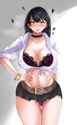 1girls american_school belt black_hair bra bra_cups_sticking_out bracelet choker cleavage female_only front-tie_top gyaru hearts_around_head large_breasts microskirt midriff oasis_(artist) panties_visible pleated_skirt purple_bra purple_panties rolled_up_sleeves seductive skimpy_clothes skirt solo ssss.gridman standing takarada_rikka thong_above_skirt thong_panties thong_straps tied_shirt ultraman_(franchise) very_short_skirt whale_tail white_shirt yoootsu