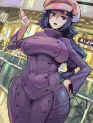 blue_hair breasts cabbie_hat coat curvy female freckles gundam gundam_build_fighters hand_on_own_hip hat impossible_clothes indoors kazo kirara_(gundam_bf) large_breasts long_hair looking_at_viewer mihoshi_(gundam_bf) open_mouth ponytail solo wide_hips