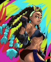 1girls angel_(kof) angel_(kof)_(cosplay) ass bandana braided_hair brown_eyes capcom cosplay dark-skinned_female dark_skin dreadlocks female female_only kimberly_jackson king_of_fighters reblu_st solo street_fighter street_fighter_6