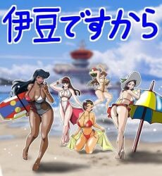 5girls artist_request big_ass big_breasts bikini blush crossover dark-skinned_female female female_only getter_robo great_mazinger hikaru_akiba huge_breasts jun_hono maria_grace_fleed mazinger mazinger_z michiru_saotome multiple_girls one-piece_swimsuit red_bikini sayaka_yumi tagme ufo_robo_grendizer