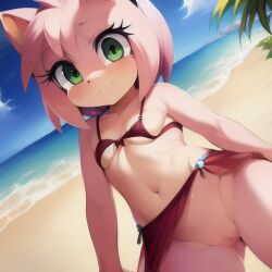 ai_generated amy_rose anthro bikini bikini_top cute eulipotyphlan exposed_pussy exposing female furry green_eyes hedgehog kitsuke mammal navel pink_fur pink_hair pussy red_bikini red_dress sonic_(series) stable_diffusion