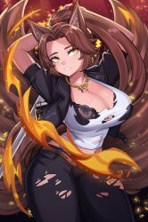 1girls 2d 2d_(artwork) 4k animal_ears arms_up big_breasts blush brown_hair cleavage collarbone female female_focus female_only fire fox fox_ears fox_girl fox_humanoid fox_tail high_resolution highres huge_breasts kitsune lace lace-trimmed_bra large_breasts leather leather_jacket light-skinned_female light_skin lokigun long_hair multiple_tails navel necklace nine_tailed_fox ripped_clothing ripped_pants ripped_shirt saeko_kitsune sword tail tank_top virtual_youtuber vtuber yellow_eyes