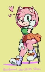 1girls amy_rose bracelet classic_amy_rose frosty_roy gloves hairband heart one_eye_closed shirt shoes skirt smile sonic_(series) sonic_the_hedgehog_(series) stool thick_thighs