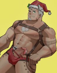 >_o 1boy abs animal_ears around_crotch bara bare_pectorals blush body_fur chest_hair come_hither dog_ears erection facial_hair goatee gomeisa_(live_a_hero) green_eyes grey_hair hair_strand highres large_pectorals leather_belt live_a_hero looking_at_viewer male male_focus male_only mr_samoye muscular muscular_male nipples o-ring o-ring_top official_alternate_costume one_eye_closed pants pectorals seductive_smile short_hair sideburns smile solo stomach tattoo thick_penis thick_thighs thighs torn_clothes torn_pants tribal_tattoo yellow_background