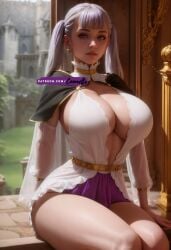 ai_generated bangs big_breasts black_bulls_uniform black_clover boob_window breasts cleavage coomette curvaceous curvy female female_only hourglass_figure huge_breasts large_breasts light_hair looking_at_viewer massive_breasts miniskirt no_bra noelle_silva purple_eyes silver_hair sitting skirt solo thick_thighs thighs twintails voluptuous white_hair