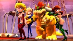 1boy 3d 3girls accurate_art_style alternate_version_at_source alternate_version_available bowser breasts embarassed female gloves high_heels male mario_(series) multiple_girls nipples onmodel3d penis princess_daisy princess_peach princess_rosalina protagonistsub_antagonistdom sex_slave slave_outfit spiked_collar standing tagme