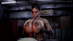 1boy 1girls 3d african_female animated big_penis blender breast_hold breasts cum cum_on_breasts dark-skinned_female dark-skinned_male dark_skin earrings huge_breasts midnightsfm nipples paizuri penis resident_evil resident_evil_5 sheva_alomar sound topless video