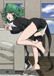 1girls barefoot barryfactory curly_hair dildo dress edit embarrassed female female_masturbation female_only green_eyes green_hair light-skinned_female light_skin masturbating masturbation one-punch_man psychic sex_toy soles solo tatsumaki toes