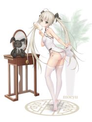 ahoge ass bare_arms bare_shoulders bigxixi black_bow bow breasts china_dress chinese_clothes closed_mouth commentary_request dress female full_body grey_eyes grey_hair hairbow hand_fan holding kasugano_sora lifted_by_self long_hair looking_at_viewer looking_back mirror no_shoes panties paper_fan plant side-tie_panties simple_background sleeveless sleeveless_dress small_breasts soles solo standing stuffed_animal stuffed_rabbit stuffed_toy thighhighs tiptoes twintails uchiwa underwear very_long_hair white_background white_dress white_panties white_thighhighs yosuga_no_sora