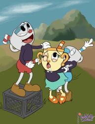 cuphead cuphead_(game) gangbang hands_behind_back milk ms._chalice mugman spitroast the_cuphead_show