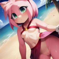 1girls ai_generated amy_rose beach bikini cute exposed_pussy female female_only flashing_pussy green_eyes kitsuke pink_hair pussy solo sonic_(series) stable_diffusion