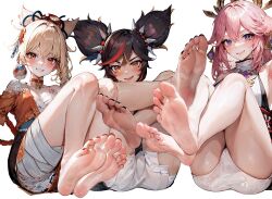 3girls :d ai_generated animal_ears armpits ass bandaged_leg bandages bangs bare_legs bare_shoulders barefoot black_hair black_nails blonde_hair blush breasts choker cleavage closed_mouth collarbone crossed_ankles crossed_bangs crossed_legs dark-skinned_female dark_skin dress earrings feet feet_up female_only floppy_ears foot_focus foreshortening fox_ears full_body genshin_impact grin hair_between_eyes hair_ornament japanese_clothes jewelry kimono knees_up large_breasts leaning_back legs legs_together legs_up long_hair looking_at_viewer medium_breasts multicolored_hair multiple_girls nail_polish obi oerba_yun_fang open_mouth orange_eyes orange_kimono orange_nails panties parted_lips pink_hair pink_nails ponytail purple_eyes red_choker red_hair sarashi sash shiny shiny_skin shirt short_kimono short_shorts short_twintails shorts sideboob simple_background sitting sleeveless sleeveless_shirt smell smile soles stable_diffusion steaming_body streaked_hair sweat tattoo teeth thighs toenail_polish toenails toes twintails underwear upper_teeth_only white_background white_panties white_shirt white_shorts xinyan_(genshin_impact) xinyandegen yae_miko yellow_eyes yoimiya_(genshin_impact)