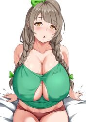 1girls blush breasts cleavage female female_only grey_hair huge_breasts light-skinned_female light_skin long_hair love_live! love_live!_school_idol_project minami_kotori nipple_bulge paizuri_invitation sitting solo torn_clothes twintails yua_respati