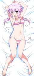 1girls alice_gear_aegis armpits arms_behind_head arms_up bangs bed bikini blush collarbone dakimakura_design eggman_(pixiv28975023) eyebrows_visible_through_hair female hirasaka_yotsuyu knees_together_feet_apart long_hair looking_at_viewer lying lying_on_back lying_on_bed midriff navel open_mouth pink_eyes pink_hair sidelocks solo striped_bikini stripes sweatdrop untied_bikini wavy_hair