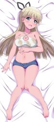 1girls alice_gear_aegis araime_yasuri bangs blonde_hair blue_eyes blunt_bangs cleavage dakimakura_design eggman_(pixiv28975023) eyebrows_visible_through_hair female hair_ornament jean_shorts knees_together_feet_apart light-skinned_female light_skin long_hair lying lying_on_back lying_on_bed medium_breasts midriff navel open_mouth ribbon shorts solo