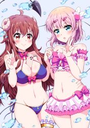 2girls ahoge bangs bikini blue_eyes blush chiyoda_momo cleavage collar eggman_(pixiv28975023) eyebrows_visible_through_hair female female_only frills gradient_hair hair_clip hair_ornament horns long_hair machikado_mazoku medium_breasts midriff miniskirt navel open_mouth orange_hair peace_sign pink_hair red_hair ribbon scar simple_background skirt small_breasts smile standing succubus_tail thigh_gap thigh_strap water wavy_hair yoshida_yuuko_(machikado_mazoku)