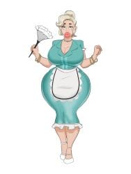 apron arms_up blonde_hair domestication duster feather_duster hourglass_figure housewife huge_breasts implied_transformation original_character pearl_necklace puffygirl1 stepfordization sushi_(puffygirl1) tagme wide_hips