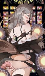 1girls absurdres animal_ears arknights ass black_bra black_legwear black_thighhighs blurry blurry_background blush bra bra_lift braid breasts breasts_out brown_eyes clothing cowboy_shot cum cum_in_pussy cum_inside depth_of_field earrings extra_ears female from_behind highres jewelry kiso_(wjnomcuzqmdjcql) large_breasts legs_together long_hair looking_at_viewer looking_back monster nipples open_clothes open_mouth panties panty_pull penance_(arknights) penetration pink_tentacles rape raped_by_monster sex single_braid stained_glass stud_earrings sweat tail tentacle tentacle_rape tentacle_sex thighhighs underwear vaginal_penetration white_panties wolf_ears wolf_girl wolf_tail yellow_eyes