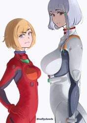 2girls 5_fingers asuka_langley_sohryu_(cosplay) bleach blonde_hair blue_eyes bodysuit breast_size_difference breasts brown_eyes cosplay crossover_cosplay female female_only hair height_difference highres human jpeg kotetsu_isane kotetsu_kiyone large_breasts looking_at_viewer medium_breasts multiple_girls nellyslewds neon_genesis_evangelion plugsuit rei_ayanami_(cosplay) siblings signature sisters smaller_female standing taller_female white_hair