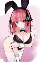 1girls blue_eyes breasts bunny_ears bunny_girl bunnysuit female female_only go-toubun_no_hanayome mame1645 nakano_nino pink_hair ribbon smile solo stockings thighhighs thighs