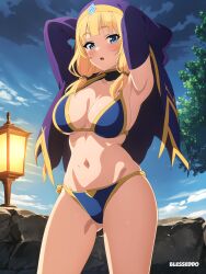 1girls ai_generated armpits arms_behind_head big_breasts bikini blesseddo blonde_hair blue_eyes busty cecily_(konosuba) clothes_lift kono_subarashii_sekai_ni_bakuen_wo! kono_subarashii_sekai_ni_shukufuku_wo! large_breasts legs lifted_by_self navel open_mouth sensual thighs