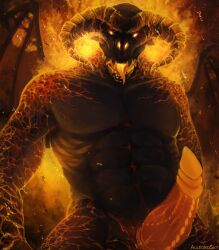 2_horns abs allegrosky anthro balrog_(the_lord_of_the_rings) demon fire genitals hi_res horn j._r._r._tolkien looking_at_viewer lord_of_the_rings male male_only middle-earth_(tolkien) nude orange_penis penis solo tongue tongue_out wings