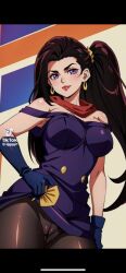 1girls ai_generated battle_tendency big_breasts brown_hair clothing earrings elizabeth_joestar female jojo's_bizarre_adventure lisa_lisa long_hair milf ponytail purple_eyes solo tiktok_username visible_pussy