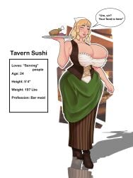 blonde_hair breasts_bigger_than_head hourglass_figure huge_breasts implied_transformation original_character puffygirl1 sushi_(puffygirl1) waitress wide_hips