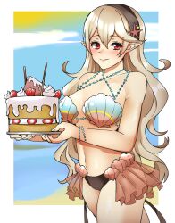 1340smile alternate_costume bikini breasts cake corrin_(fire_emblem) corrin_(fire_emblem)_(female) female female_only fire_emblem fire_emblem_cipher fire_emblem_fates nintendo official_alternate_costume pointy_ears shell_bikini solo swimsuit